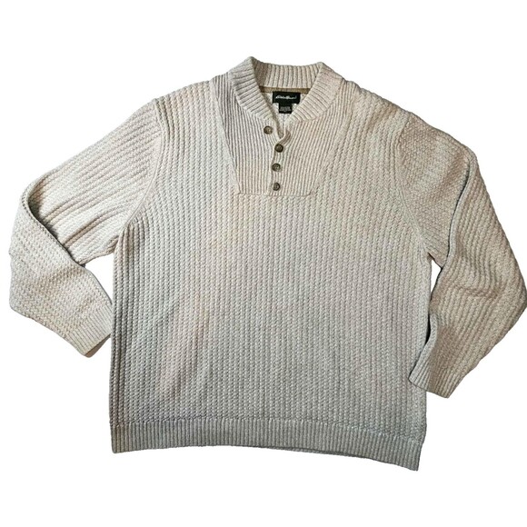 Vintage Eddie Bauer Mens XL Chunky Ribbed Knit Henley Sweater Oatmeal Brown - Picture 1 of 11